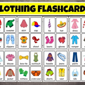 Peut inclure: Un ensemble de 24 cartes illustrées représentant différents vêtements, tels qu'un manteau, un pull, une jupe, une casquette, une cravate, un chapeau, une robe, une chemise, des chaussures, des pantoufles, un t-shirt, une écharpe, des bottes, des gants, une salopette, des chaussettes, une serviette, une blouse, un nœud papillon, un maillot de bain, un sweat à capuche, un jean, un pantalon, un tablier, un imperméable, une veste, des moufles, des sous-vêtements, un short, un gilet, une bavette et une ceinture.