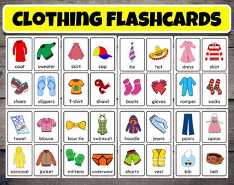 Printable Clothing Flashcards, Learning Cards for Kids, Preschoolers, Kindergarten, Vocabulary Learning Cards, 32 Clothing Flashcards