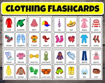 Printable Clothing Flashcards, Learning Cards for Kids, Preschoolers, Kindergarten, Vocabulary Learning Cards, 32 Clothing Flashcards