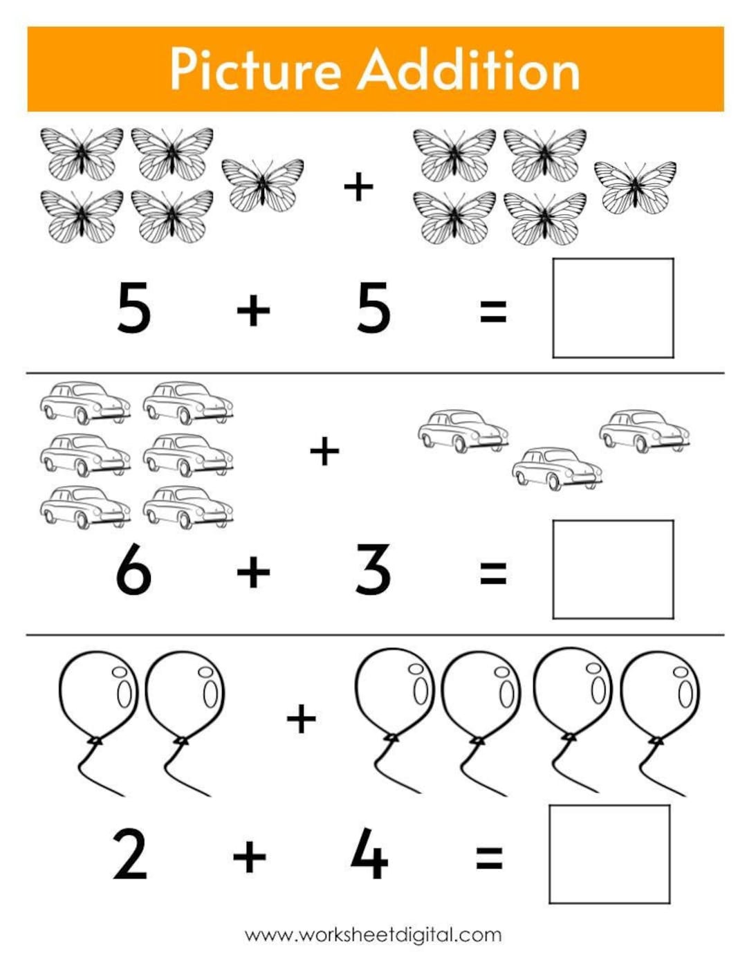 Kindergarten Addition Worksheets, Picture Addition to 10, Printable for