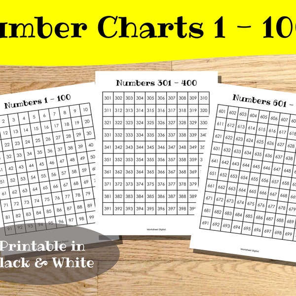 Number Charts 1 - 1000 | Printable Black & White | Homeschool | Kindergarten