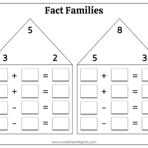 Number Fact Families Worksheet: Addition & Subtraction to 20 (Digital Download)