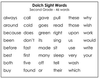 Printable Dolch Second Grade Sight Words Flashcards 46 cards, Child-Friendly Fonts