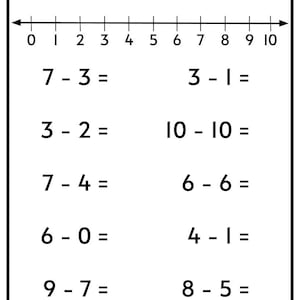 Subtraktionsarbetsblad: Tal 1-10 med tallinje (PDF) bild 3