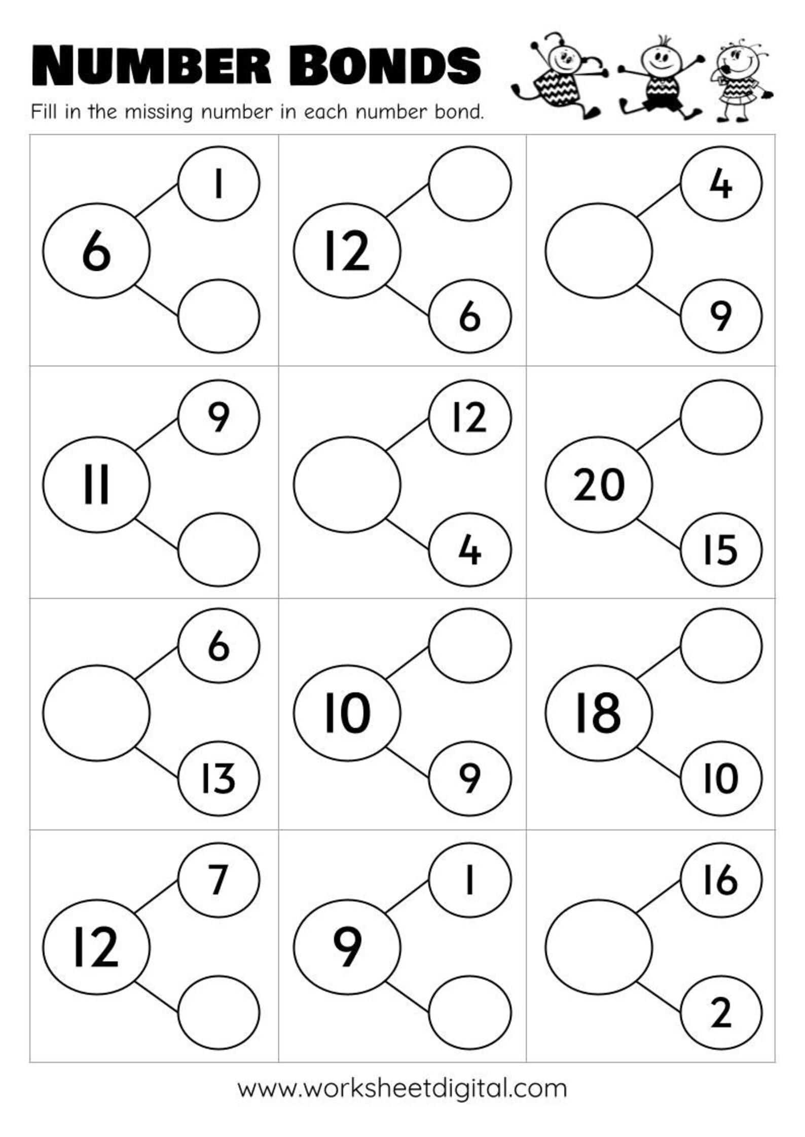 10 Printable Number Bonds Math Worksheets Numbers 1 To 20 Etsy