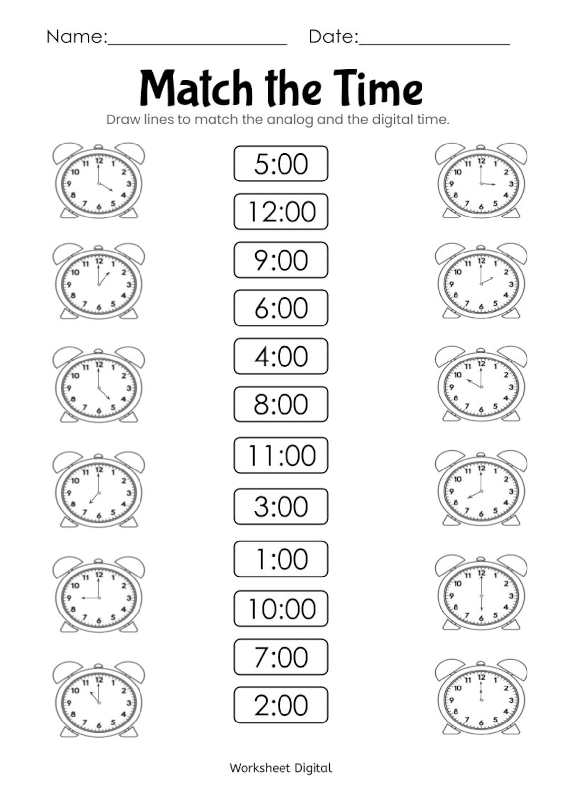 Telling Time Hour Clock Printable, Educational Prints, Kindergarten