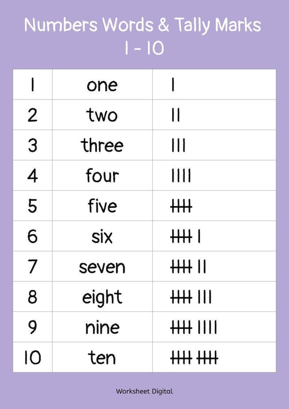 numbers 1 20 number words and tally marks printable etsy