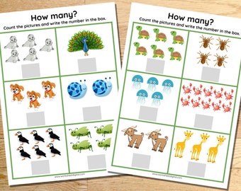 Counting Animals, Number 1 to 10, Kindergarten Worksheet, Preschool, Homeschool Homework Math Worksheets