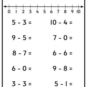 Subtraktionsarbetsblad: Tal 1-10 med tallinje (PDF) bild 5