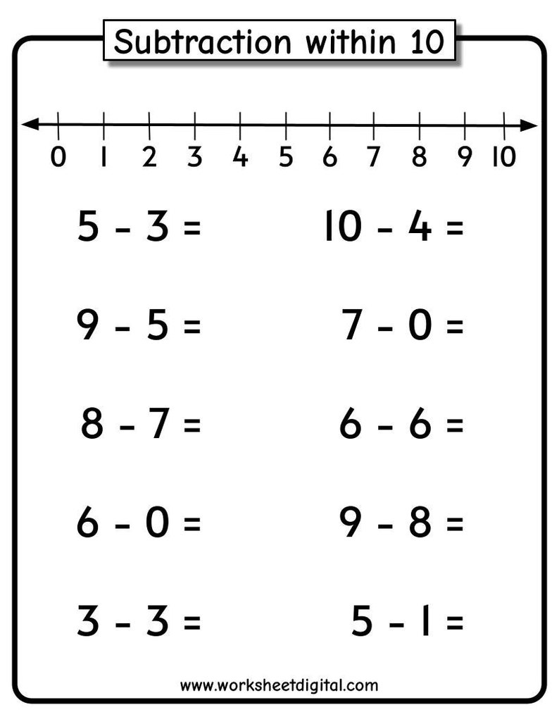 Subtraktionsarbetsblad: Tal 1-10 med tallinje (PDF) bild 5
