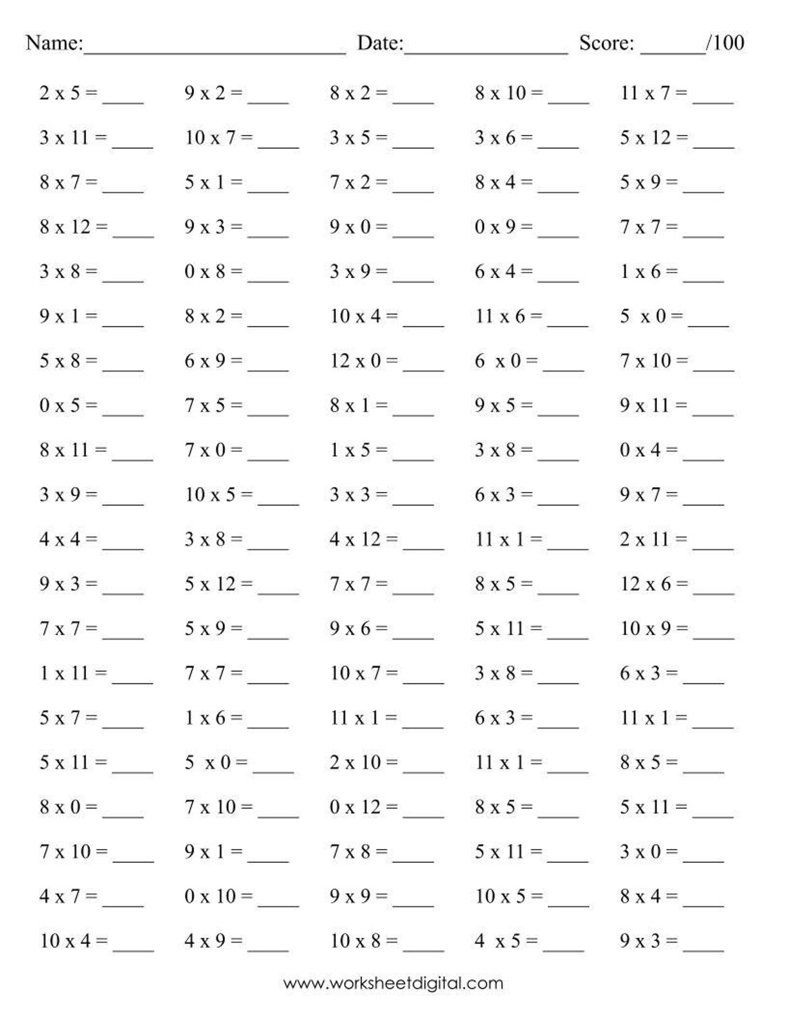 10 Printable Math Drills Multiplication Timetable 0 to 12 - Etsy UK
