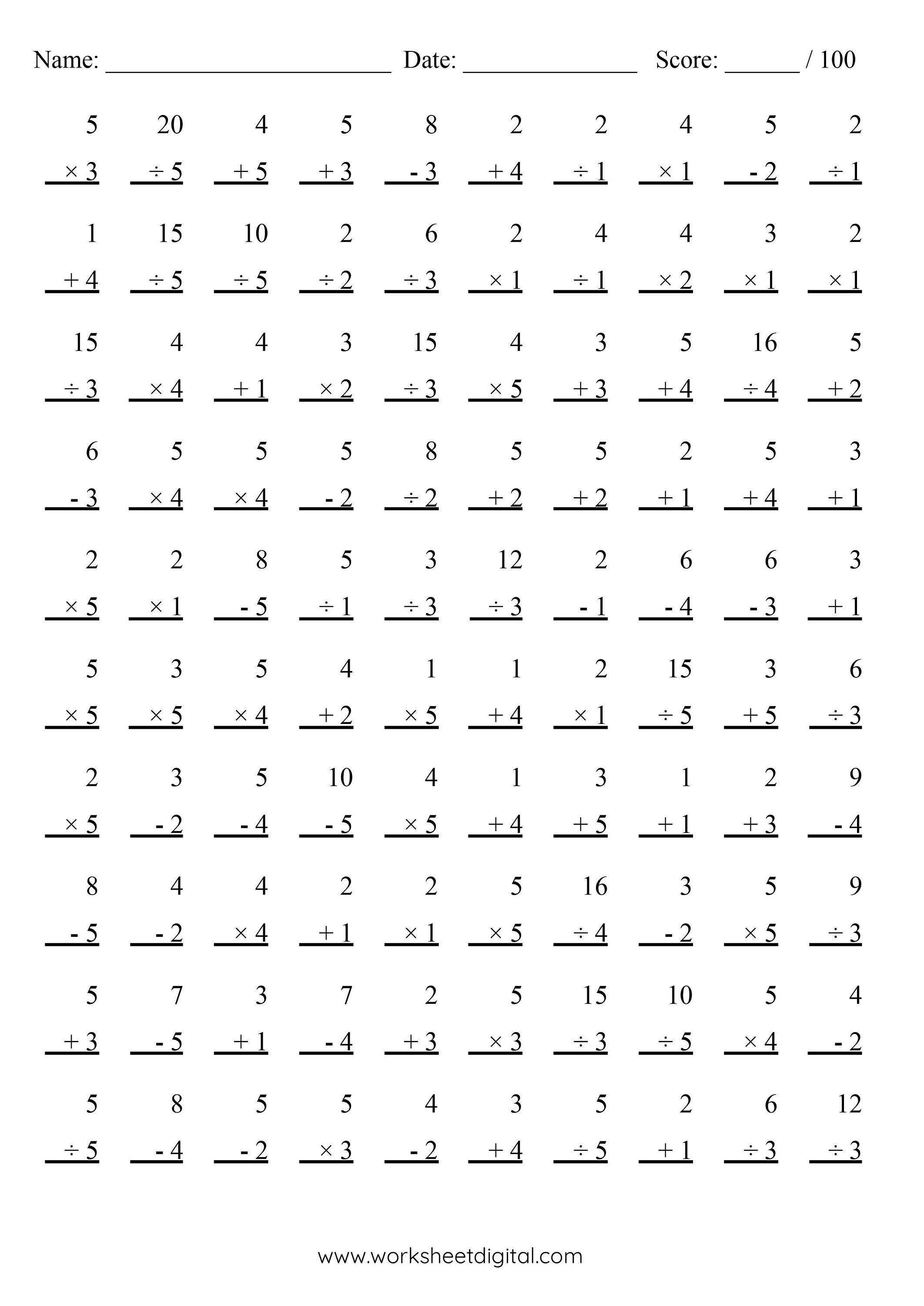 10 Printable Math Drills Addition, Subtraction, Multiplication