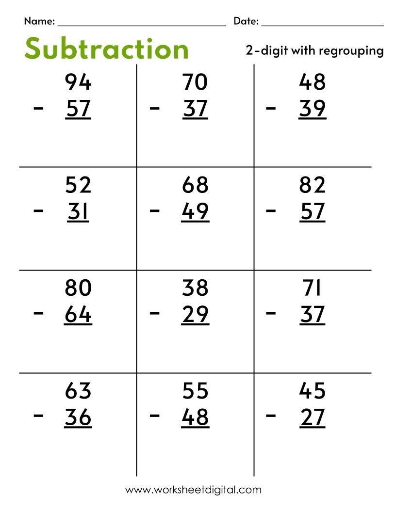 10 Printable Two Digit Subtraction Worksheets With Regrouping Math Subtraction Worksheets 1st