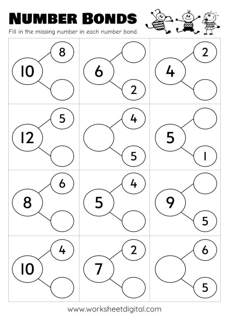 10 Printable Number Bonds Math Worksheets, Numbers 1 to 20