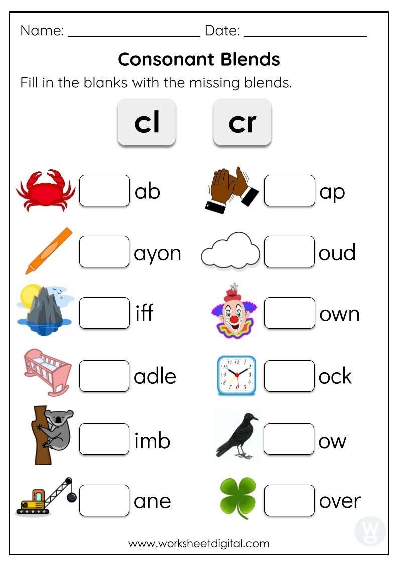 Consonant Blends Worksheets for Kindergarten Preschool Homeschool