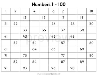 Number Charts 1 - 1000, Missing Numbers 1 - 1000, Printable Black & White, Year 1 - 6, Homeschool, Kindergarten