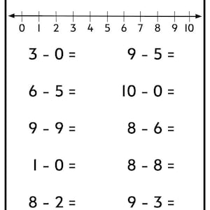 Subtraktionsarbetsblad: Tal 1-10 med tallinje (PDF) bild 4
