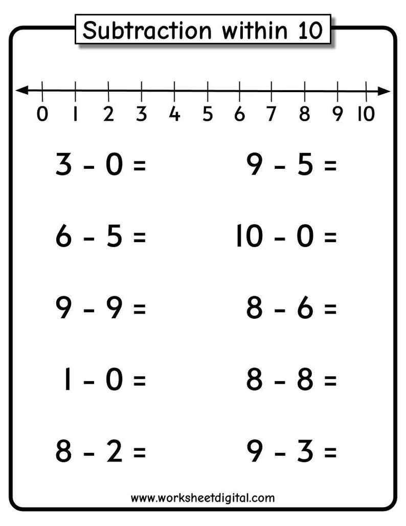 Subtraktionsarbetsblad: Tal 1-10 med tallinje (PDF) bild 4