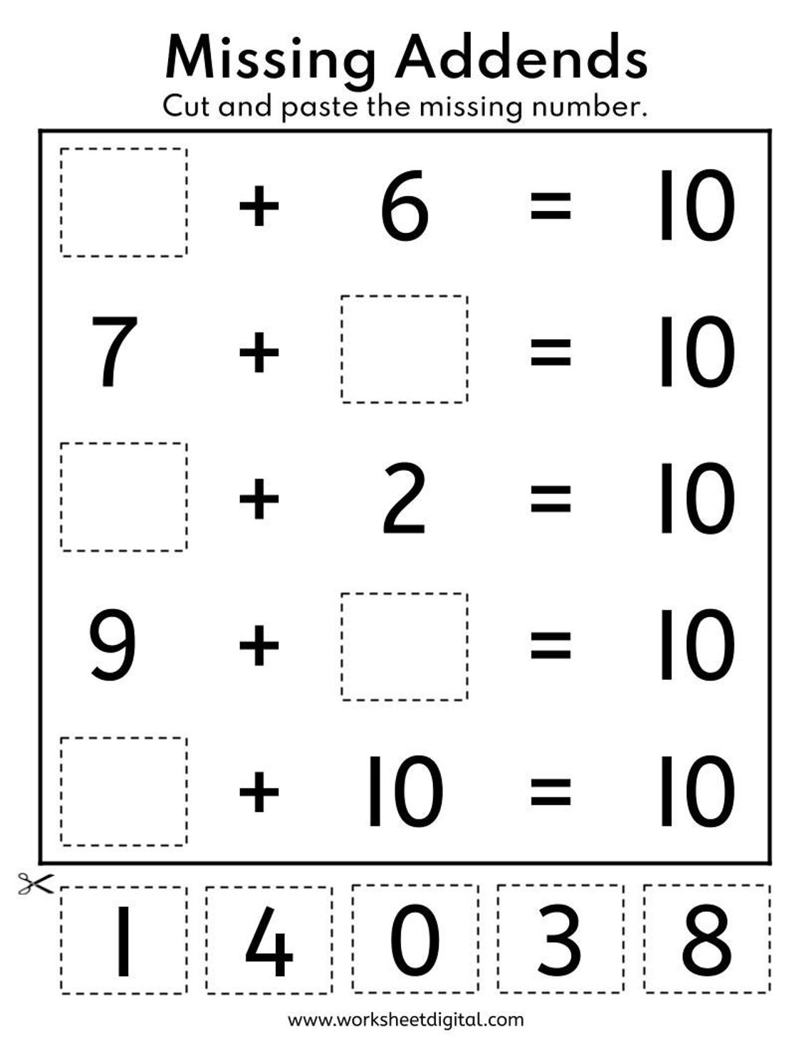 20 Printable Missing Addends Worksheets, Numbers 1-10 for Kindergarten ...