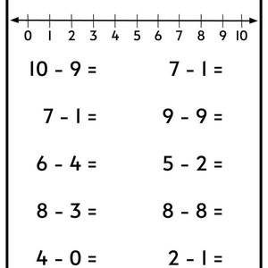 Subtraktionsarbetsblad: Tal 1-10 med tallinje (PDF) bild 6