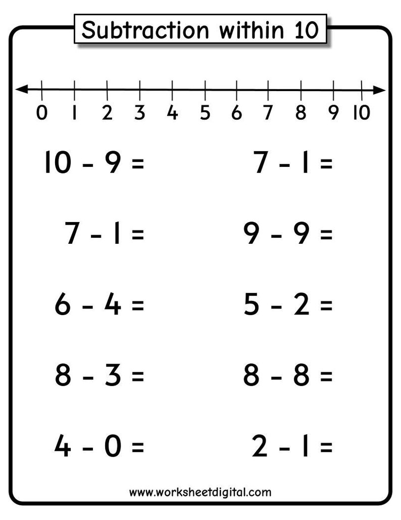 Subtraktionsarbetsblad: Tal 1-10 med tallinje (PDF) bild 6