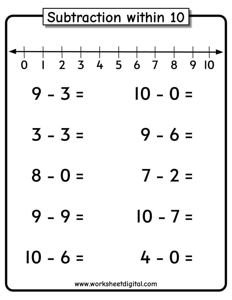 Subtraktionsarbetsblad: Tal 1-10 med tallinje (PDF) bild 7
