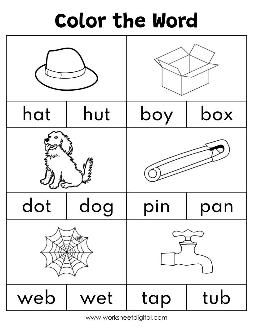 CVC Words, Color the CVC Words, Phonics Worksheets, Kindergarten