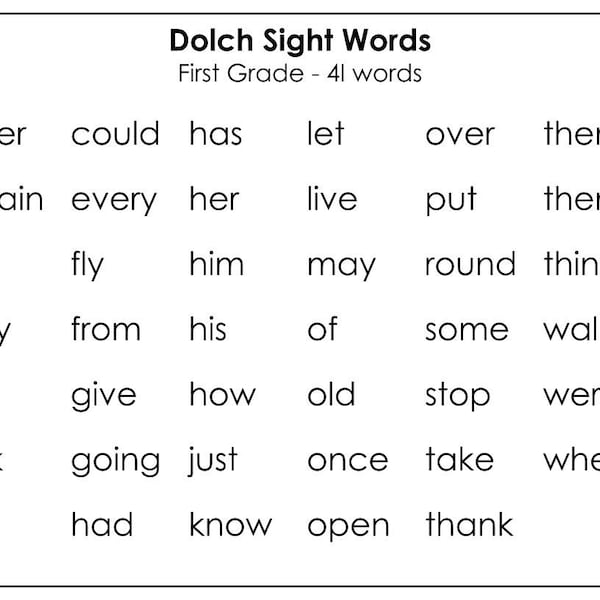 Printable Dolch First Grade Sight Words Flashcards 41 cards, Child-Friendly Fonts