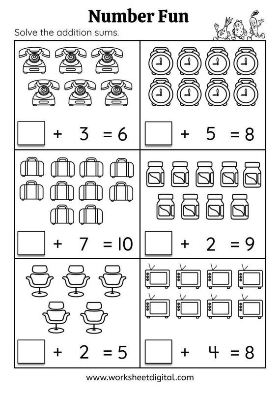 印刷可能な幼稚園の算数ワークシート、1から10までの数字、数え