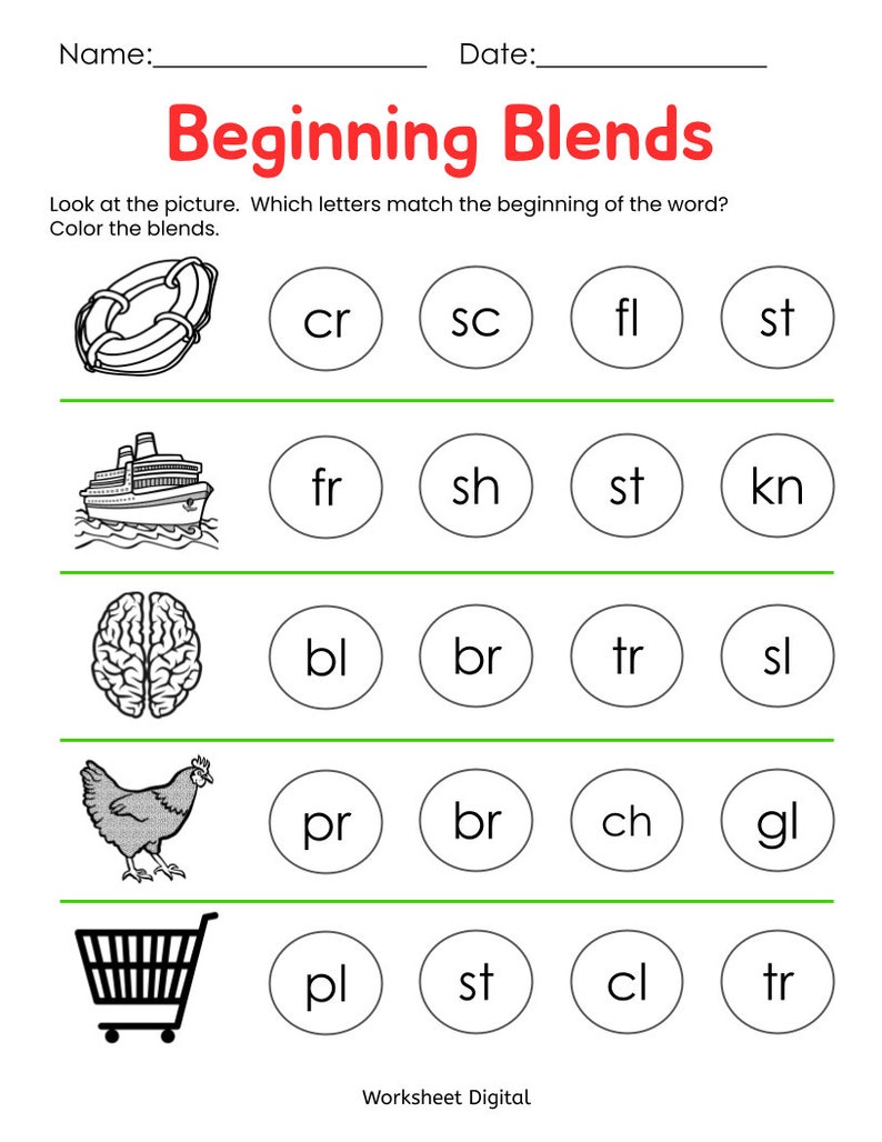 Beginning Blends Worksheets, Kindergarten Preschool (printable PDF) - Etsy