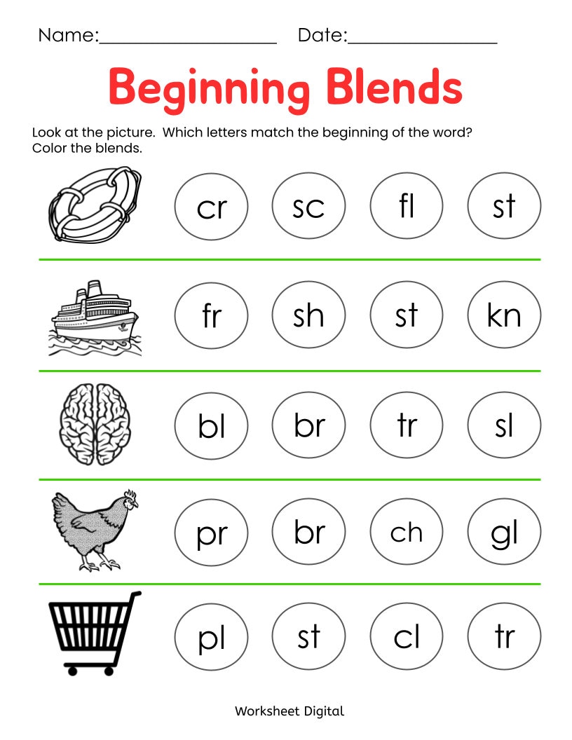 10 Printable Beginning Blends Worksheets for Kindergarten - Etsy