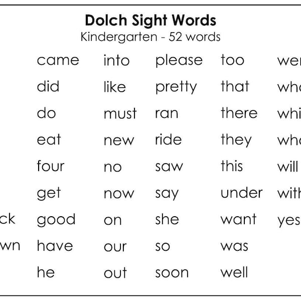 Printable Dolch Kindergarten Sight Words Flashcards 52 cards, Child-Friendly Fonts