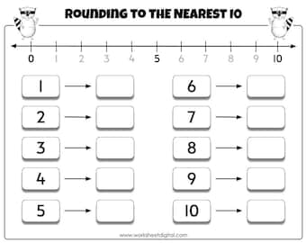 Rounding to The Nearest 10, Printable Math Worksheet for Primary School, Math Worksheet for Grade 1, 2, 3, Homeschool