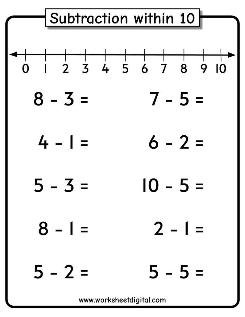 Subtraktionsarbetsblad: Tal 1-10 med tallinje (PDF) bild 9