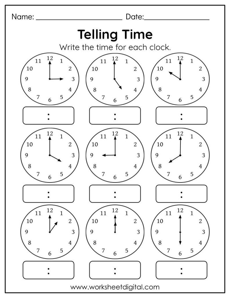 16 Telling Time to the Hour Worksheet, Kindergarten, First Grade