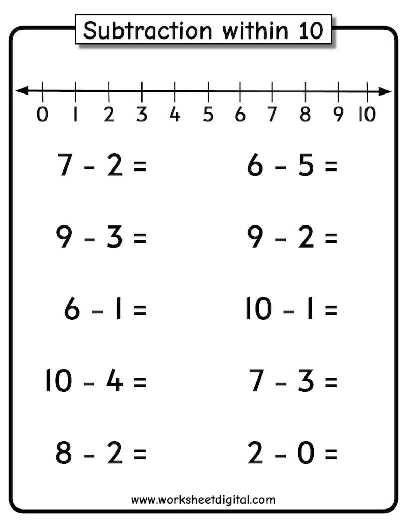 Subtraktionsarbetsblad: Tal 1-10 med tallinje (PDF) bild 8