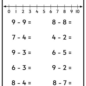 Subtraktionsarbetsblad: Tal 1-10 med tallinje (PDF) bild 2