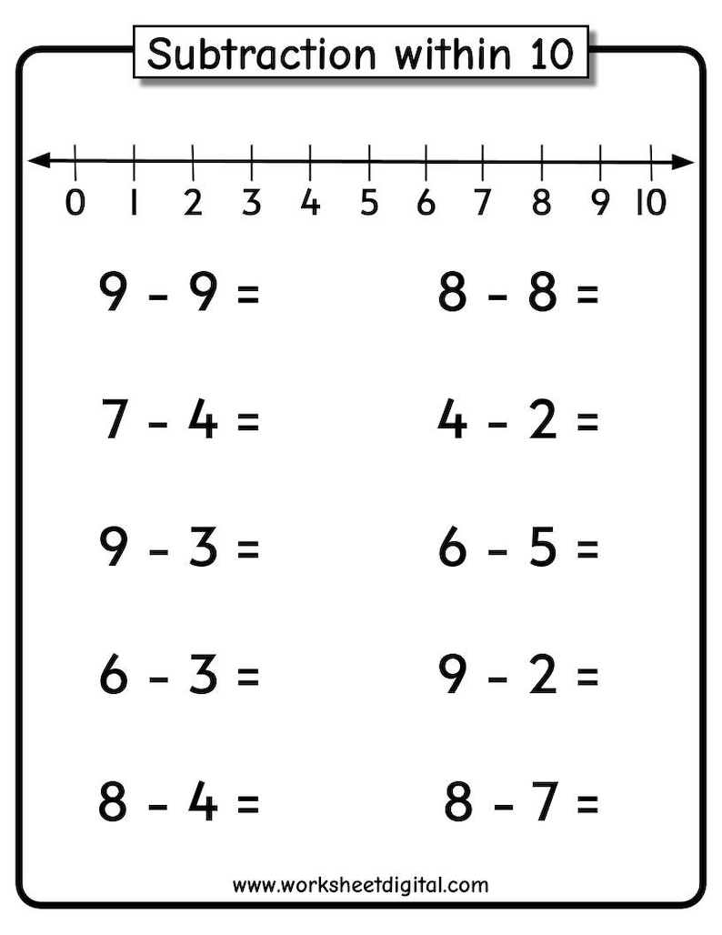 Subtraktionsarbetsblad: Tal 1-10 med tallinje (PDF) bild 2
