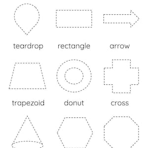 K&ouml;nnte beinhalten: Ein schwarzwei&szlig;es Arbeitsblatt mit dem Wort "SHAPES" oben. Das Arbeitsblatt zeigt neun verschiedene Formen mit gestrichelten Linien: Tropfen, Rechteck, Pfeil, Trapez, Donut, Kreuz, Kegel, Sechseck und Achteck.