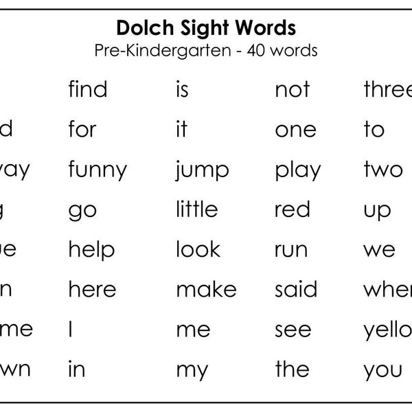 Printable Dolch Pre-Kindergarten Sight Words Flashcards 40 cards, Child-Friendly Fonts