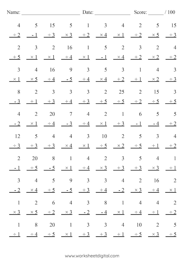 10 Printable Math Drills Addition, Subtraction, Multiplication
