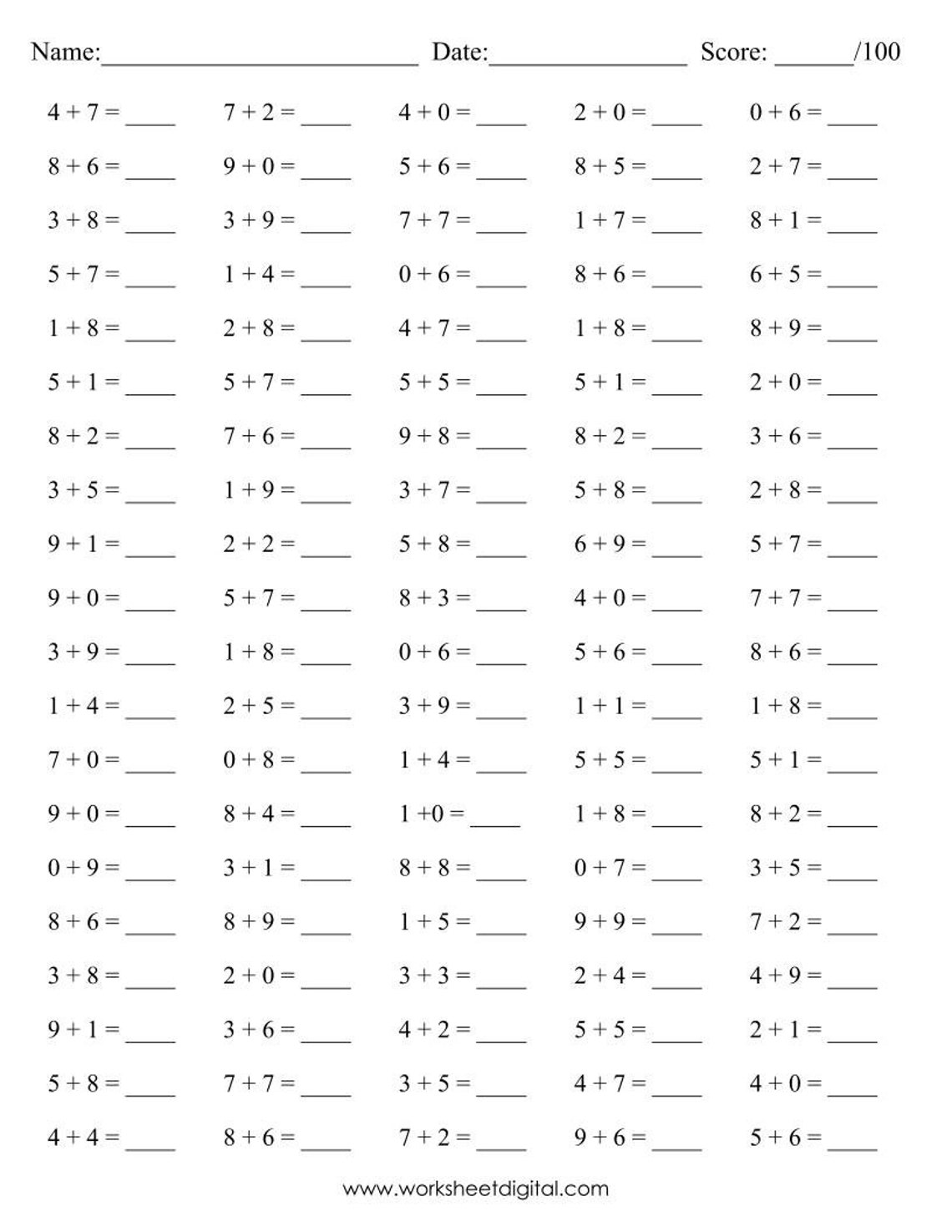 10 printable math drills addition numbers 0 to 9 practice etsy