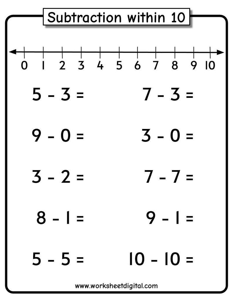 Subtraktionsarbetsblad: Tal 1-10 med tallinje (PDF) bild 1