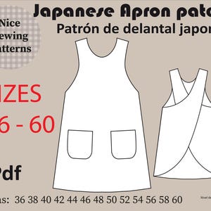 Japanese Digital pdf Apron Patern size 36, 38, 40, 42, 44, 46, 48, 50, 52, 54, 56, 58 Y 60, multilayer, super easy!