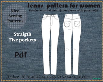 Jeans für Damen – neues Schnittmuster und Anleitung / A0 / Gerades Bein, 5 Taschen / Sofort-Download (PDF) / Englisch / Französisch / Spanisch / EU 36 / 60