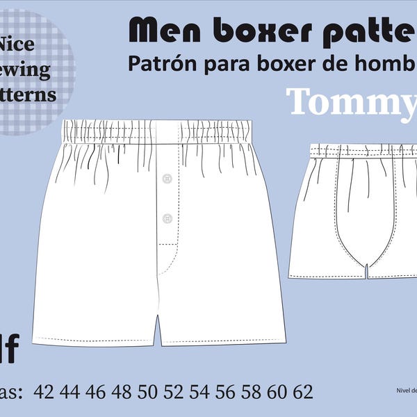 Men's Boxer Shorts Pattern / English Instructions / Instructions in Spanish PDF Download BOXER / EU 42/62 in 32/42 XS/XXL