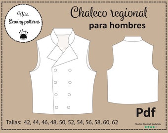 Patrón de chaleco regional "Tomás"/ Modelo de patrón para hombres / No tiene instrucciones de confección,42,44,46,48,50,52,54,56,58,60,62