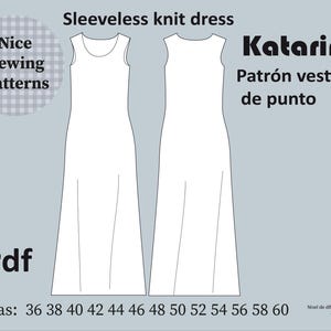Puede incluir: Un patrón de vestido de punto sin mangas blanco, con el texto "Sleeveless knit dress" y "Katarina Patrón vestido de punto". El patrón incluye tallas 36-60 y está etiquetado como "Pdf". El nivel de dificultad es medio.