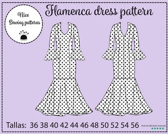 Patrón de vestido de flamenca TINA /descargable/download/ pdf/ tallas 36  /56 -  España