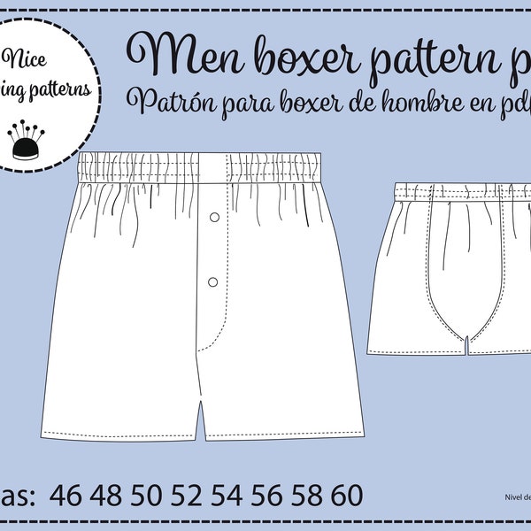 Patron Boxer Homme et instructions en anglais PDF Download /patron y TUTORIAL BOXER/ 46/60 téléchargement instantané, patron slip homme.